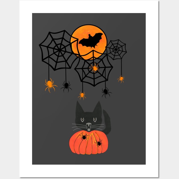 HAPPY Halloween Black Cat In A Pumpkin With Spiders Wall Art by SartorisArt1
